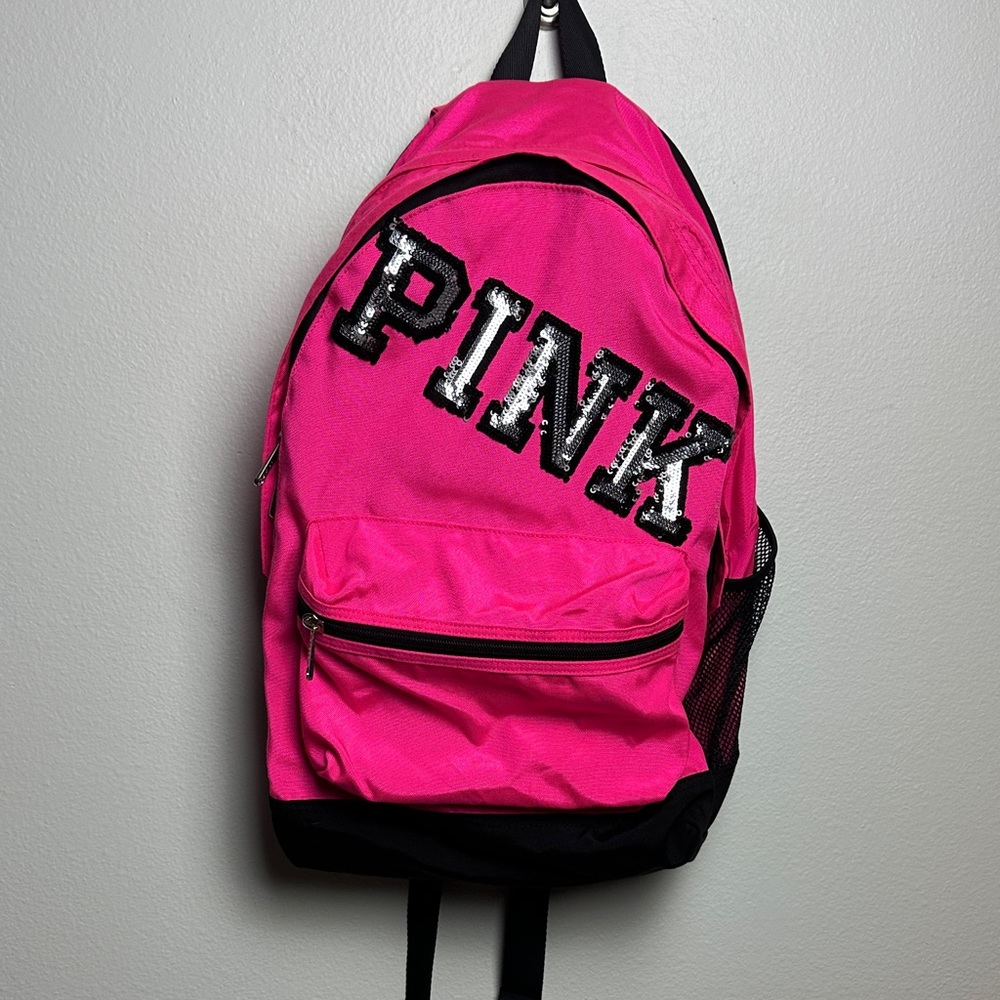 Victoria’s Secret PINK Campus Backpack Neon Hot Pink Silver Sequins Bling Graphi